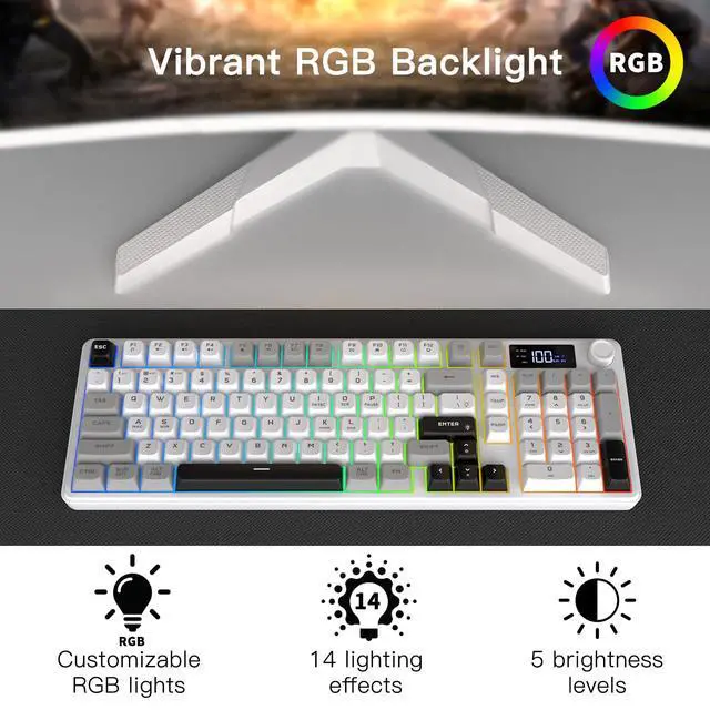 Alt view image 2 of 7 - Wireless Gaming Keyboard with Smart Display & Knob Control, Tri-Mode BT5.0/2.4GHz/Wired RGB Backlit Computer Keyboards with Number Pad, 26-Key Rollover, Compatible for Windows, Mac