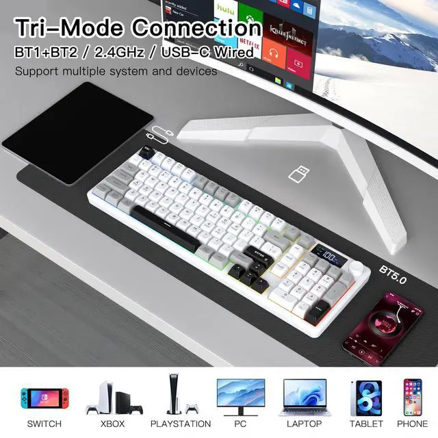 Alt view image 3 of 7 - Wireless Gaming Keyboard with Smart Display & Knob Control, Tri-Mode BT5.0/2.4GHz/Wired RGB Backlit Computer Keyboards with Number Pad, 26-Key Rollover, Compatible for Windows, Mac