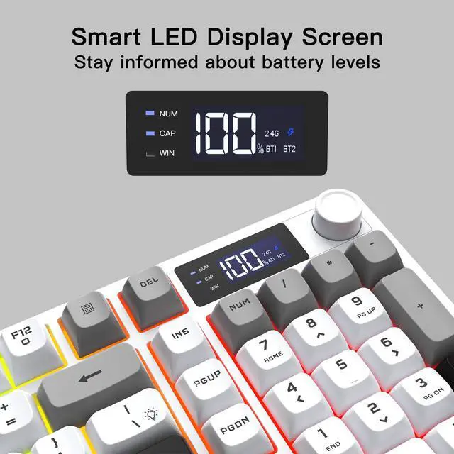 Alt view image 4 of 7 - Wireless Gaming Keyboard with Smart Display & Knob Control, Tri-Mode BT5.0/2.4GHz/Wired RGB Backlit Computer Keyboards with Number Pad, 26-Key Rollover, Compatible for Windows, Mac