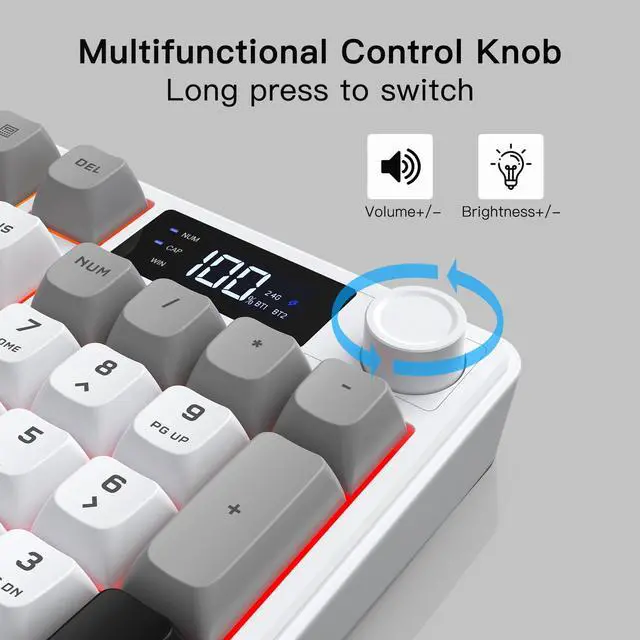 Alt view image 5 of 7 - Wireless Gaming Keyboard with Smart Display & Knob Control, Tri-Mode BT5.0/2.4GHz/Wired RGB Backlit Computer Keyboards with Number Pad, 26-Key Rollover, Compatible for Windows, Mac