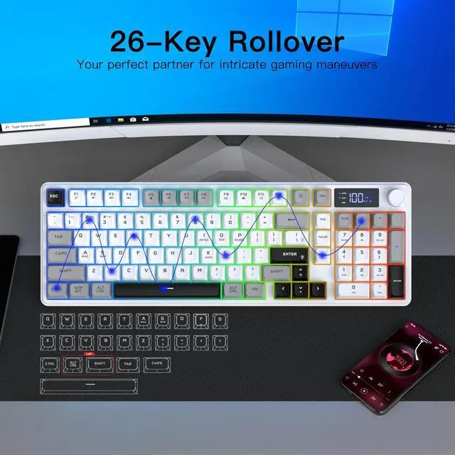 Alt view image 7 of 7 - Wireless Gaming Keyboard with Smart Display & Knob Control, Tri-Mode BT5.0/2.4GHz/Wired RGB Backlit Computer Keyboards with Number Pad, 26-Key Rollover, Compatible for Windows, Mac