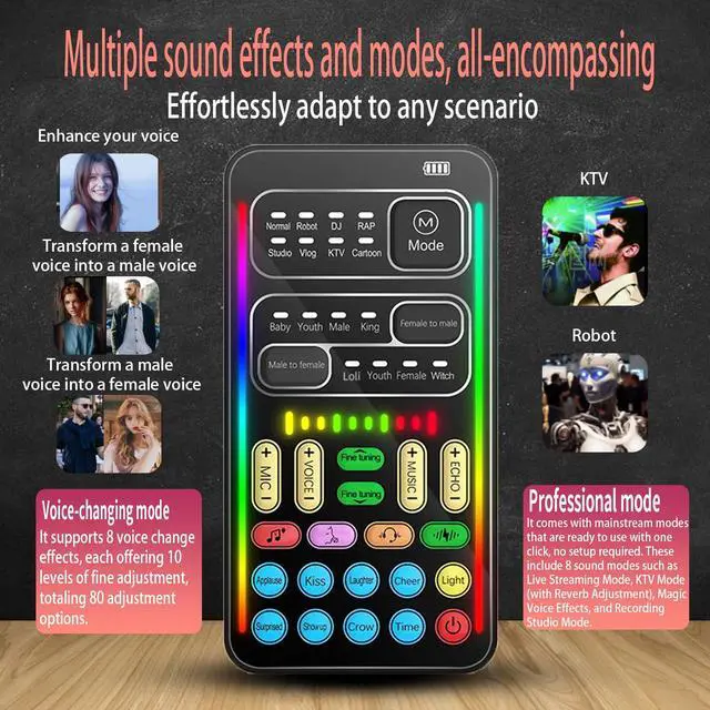 Alt view image 7 of 7 - Portable Voice Changer Sound Card & Sound Effect Board Set 16 Built-in Effects, Real-Time Modulation, with Mic and Monitoring Headphones, Compatible with PS5/PS4/Xbox One/S/X/PC/Laptop/Phone
