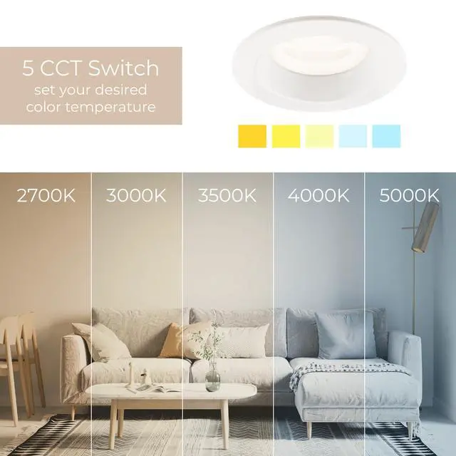 Alt view image 4 of 7 - Builder Essential 3in 550 Lumens Round LED Recessed Light and Housing for Remodel or New Construction with Regressed Trim 3-Power Modes 4W-6W-8W, 5-CCT 2700-3000-3500-4000-5000K in White IC-Rated