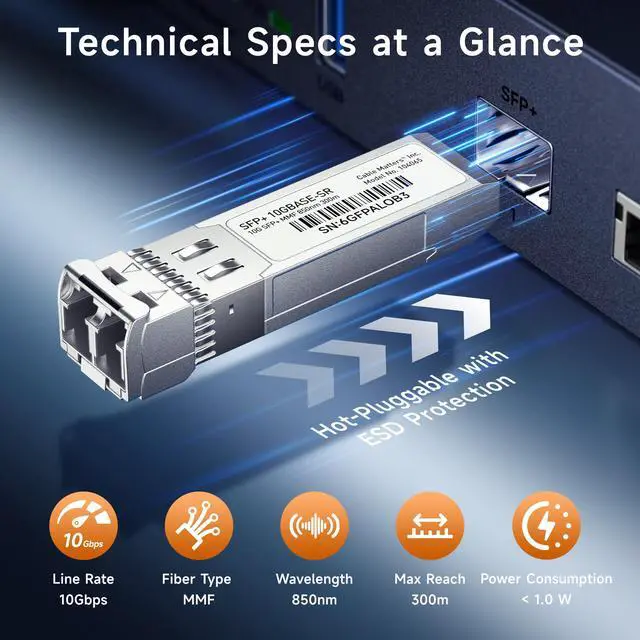 Alt view image 5 of 7 - 2-Pack 10GBASE-SR SFP+ to LC Multimode 10G Fiber Transceiver Module, 10G, MMP Fiber, Up to 300m, for Cisco, Ubiquiti, TP-Link, D-Link, MikroTik, Netgear, Supermicro, HPE Aruba
