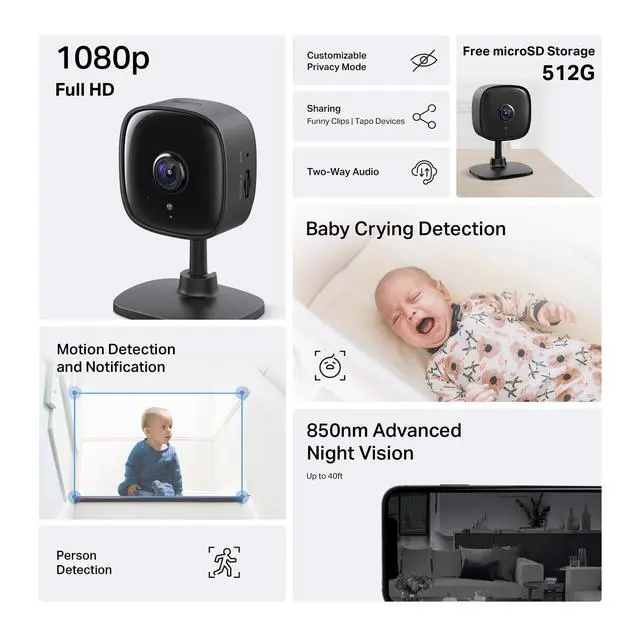 Alt view image 2 of 7 - 1080P Indoor Wired Security Camera - Works as a Baby Monitor & Pet Camera, Motion Detection, 2-Way Audio, Siren, Night Vision, Subscription-Free Local Storage or Optional Cloud, C101(4-Pack)