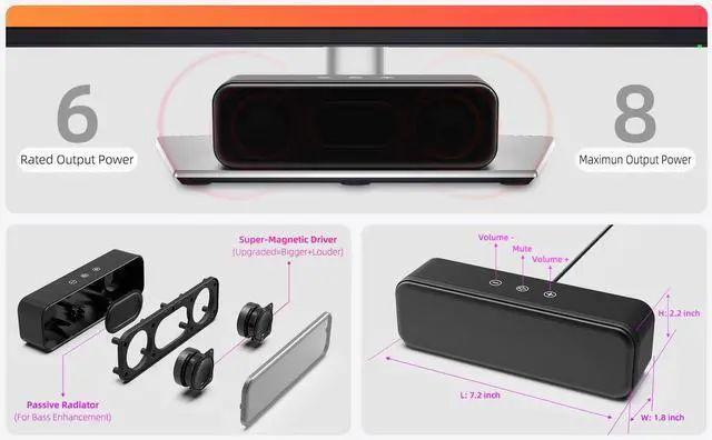 Alt view image 3 of 7 - Computer Speakers for Desktop PC Laptop, Wired, USB Plug-in, External Speakers for Monitor, Small Computer Sound bar for PC, Loud Speaker with Deep Bass, Touch Control, Built-in USB-C to USB Adapter