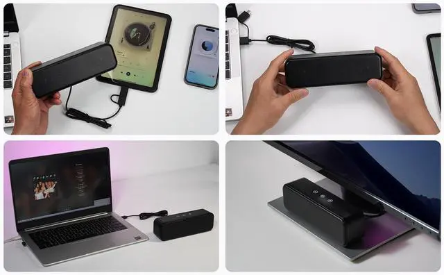 Alt view image 6 of 7 - Computer Speakers for Desktop PC Laptop, Wired, USB Plug-in, External Speakers for Monitor, Small Computer Sound bar for PC, Loud Speaker with Deep Bass, Touch Control, Built-in USB-C to USB Adapter