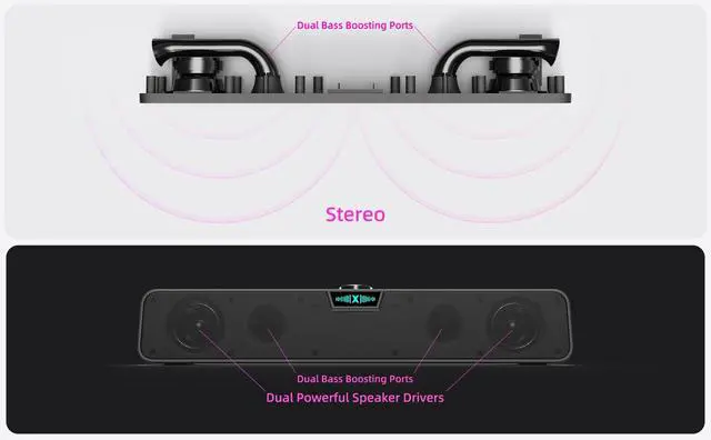 Alt view image 3 of 7 - Computer Soundbar Speakers for Desktop PC Mac, USB Plug-in, Wired, External Speakers for Laptop Desk Monitor, RGB Gaming Sound bar with HD Stereo Loud Sound, Punchy Bass, Volume Knob, USB C Adapter