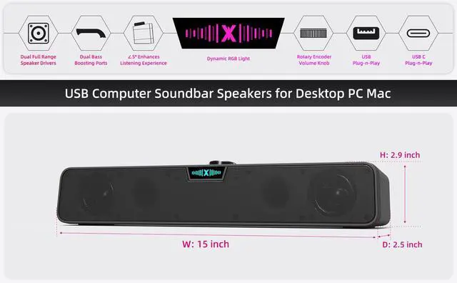 Alt view image 2 of 7 - Computer Soundbar Speakers for Desktop PC Mac, USB Plug-in, Wired, External Speakers for Laptop Desk Monitor, RGB Gaming Sound bar with HD Stereo Loud Sound, Punchy Bass, Volume Knob, USB C Adapter