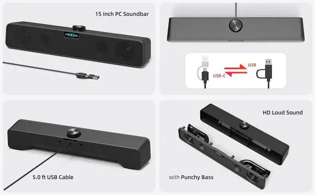Alt view image 6 of 7 - Computer Soundbar Speakers for Desktop PC Mac, USB Plug-in, Wired, External Speakers for Laptop Desk Monitor, RGB Gaming Sound bar with HD Stereo Loud Sound, Punchy Bass, Volume Knob, USB C Adapter