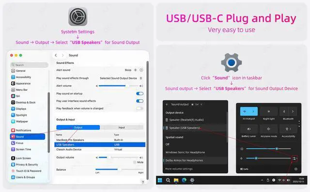 Alt view image 7 of 7 - Computer Soundbar Speakers for Desktop PC Mac, USB Plug-in, Wired, External Speakers for Laptop Desk Monitor, RGB Gaming Sound bar with HD Stereo Loud Sound, Punchy Bass, Volume Knob, USB C Adapter