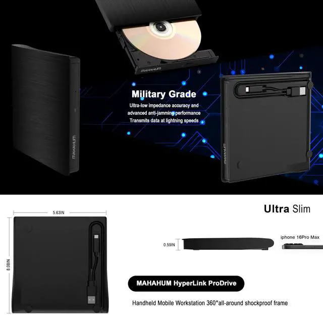 Alt view image 3 of 7 - External CD/DVD +/-RW Drive for Laptop, USB 3.0 & USB-C Portable CD DVD Writer Burner Reader, Ultra-Slim External DVD Drive Compatible with PC, MacBook Pro/Air, Windows 11/10/8/7, Linux(Black)