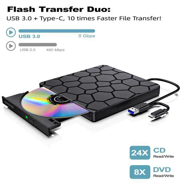 Alt view image 2 of 7 - External CD/DVD Drive for Laptop PC, USB 3.0 & Type-C DVD Burner,Ultra-Slim CD Player/Reader Portable Plug and Play Optical Drive Compatible with Windows 11/10/8, Linux, Mac OS MacBook Pro/Air