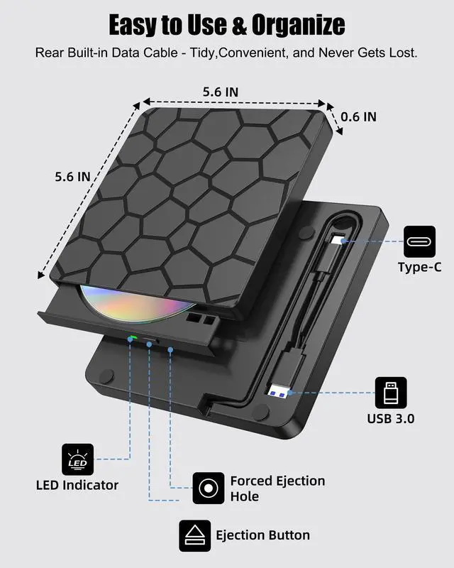 Alt view image 5 of 7 - External CD/DVD Drive for Laptop PC, USB 3.0 & Type-C DVD Burner,Ultra-Slim CD Player/Reader Portable Plug and Play Optical Drive Compatible with Windows 11/10/8, Linux, Mac OS MacBook Pro/Air
