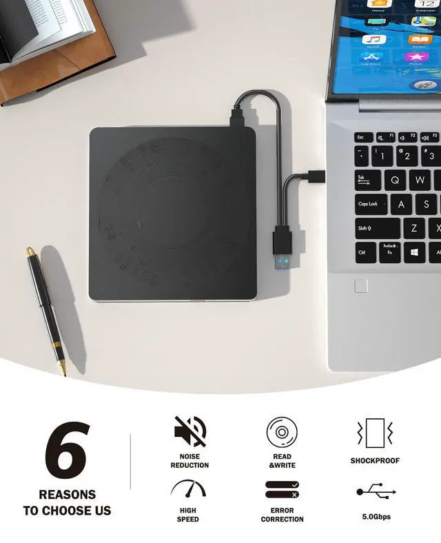 Alt view image 4 of 7 - 5 in 1 External DVD Player For Laptop with LightScribe DVD Burner CD Rom External CD/DVD Drive For PC Usb 3.0 External DVD Drive, DVD Reader Disc Player Fit for Windows XP/7/8/10/11 Mac Laptop Desktop