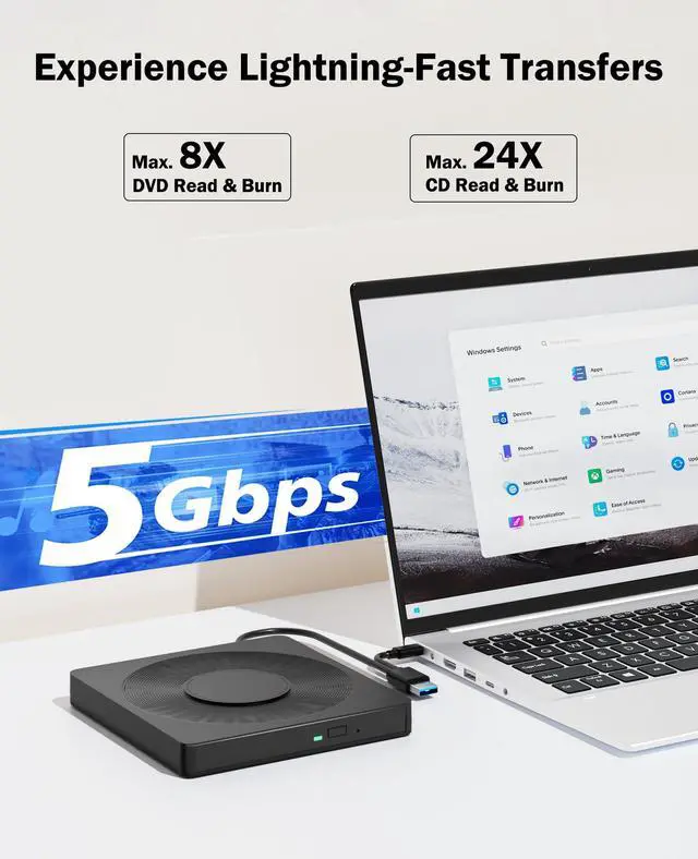 Alt view image 3 of 7 - 5 in 1 External DVD Player For Laptop with LightScribe DVD Burner CD Rom External CD/DVD Drive For PC Usb 3.0 External DVD Drive, DVD Reader Disc Player Fit for Windows XP/7/8/10/11 Mac Laptop Desktop