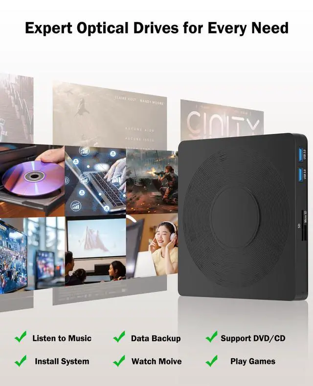 Alt view image 7 of 7 - 5 in 1 External DVD Player For Laptop with LightScribe DVD Burner CD Rom External CD/DVD Drive For PC Usb 3.0 External DVD Drive, DVD Reader Disc Player Fit for Windows XP/7/8/10/11 Mac Laptop Desktop