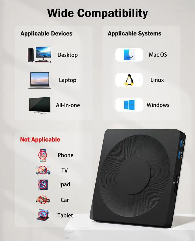 Alt view image 6 of 7 - 5 in 1 External DVD Player For Laptop with LightScribe DVD Burner CD Rom External CD/DVD Drive For PC Usb 3.0 External DVD Drive, DVD Reader Disc Player Fit for Windows XP/7/8/10/11 Mac Laptop Desktop