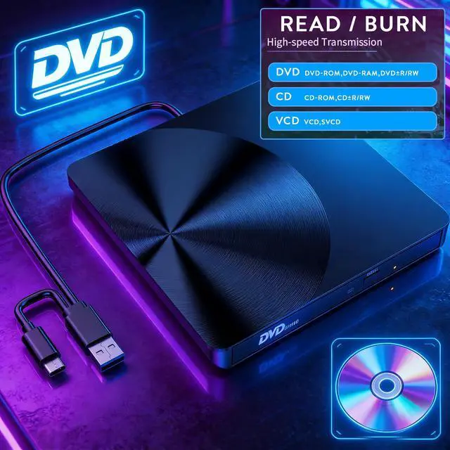 Alt view image 3 of 7 - Portable External CD/DVD Drive, USB 3.0 & USB C Burner +/-RW RW Burner CD ROM Reader Writer Disk Duplicator Optical Drive for Laptop Desktop PC Windows 11/10/8/7 Apple Mac Pro MacBook Mac Linux