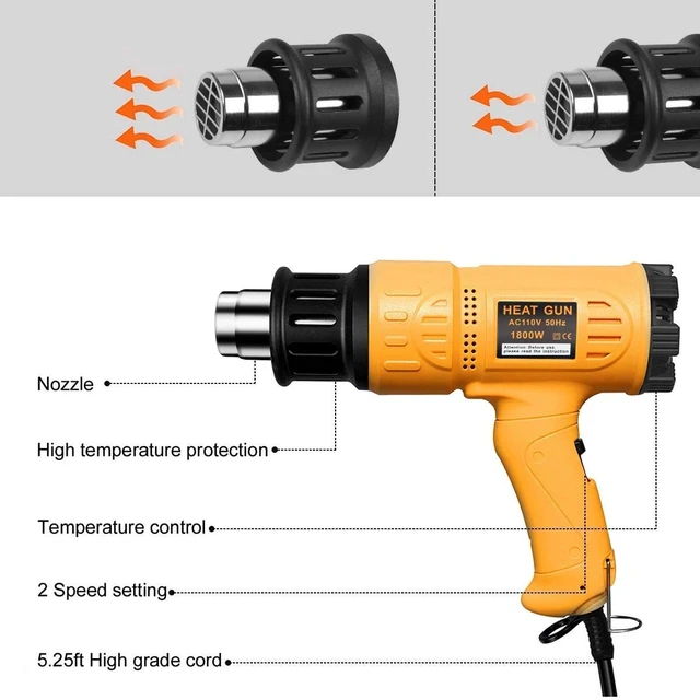 Alt view image 2 of 7 - 1800W Heat Gun Variable Temp 122-1202 for Crafts, Shrink Wrap | Fast Heating 122-1202, Dual Airflow, Overheat Protection, 4 Nozzles for Shrink Tubing, Paint Removal and 3D Printing