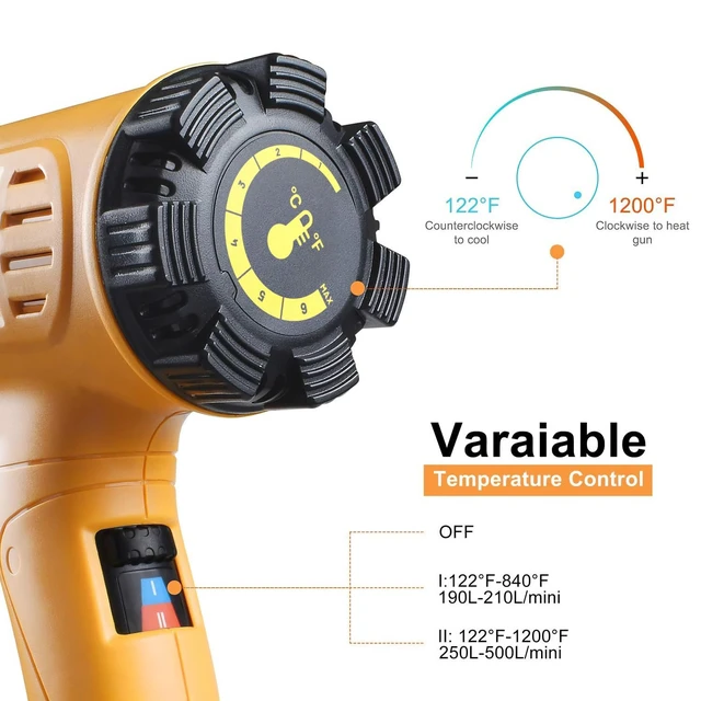 Alt view image 3 of 7 - 1800W Heat Gun Variable Temp 122-1202 for Crafts, Shrink Wrap | Fast Heating 122-1202, Dual Airflow, Overheat Protection, 4 Nozzles for Shrink Tubing, Paint Removal and 3D Printing