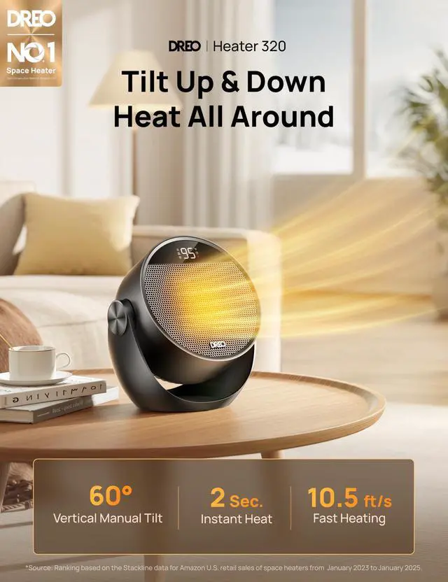 Alt view image 2 of 7 - Space Heater 1500W, 60° Adjustable Tilt, 10.5ft/s Portable Electric Heaters for Indoor Use with Thermostat, 8 Safety Protections, 3 Modes, Remote, Quiet Desk Heater for Bedroom, Office, Black