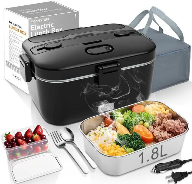 Main image of Electric-Lunch-Box-Heated-Food-Warmer 100W Heating Lunchbox for Adults 1.8L Portable Food Heater for Work/Car, 12V/24V/110-230V Lonchera Eléctrica Portátil with Fork Spoon (Black)