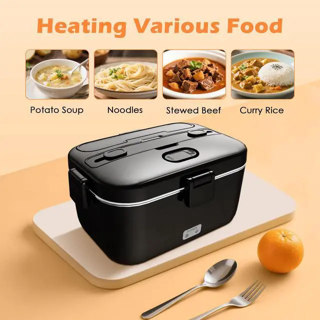 Alt view image 4 of 7 - Electric-Lunch-Box-Heated-Food-Warmer 100W Heating Lunchbox for Adults 1.8L Portable Food Heater for Work/Car, 12V/24V/110-230V Lonchera Eléctrica Portátil with Fork Spoon (Black)