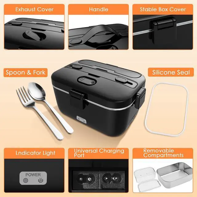 Alt view image 6 of 7 - Electric-Lunch-Box-Heated-Food-Warmer 100W Heating Lunchbox for Adults 1.8L Portable Food Heater for Work/Car, 12V/24V/110-230V Lonchera Eléctrica Portátil with Fork Spoon (Black)