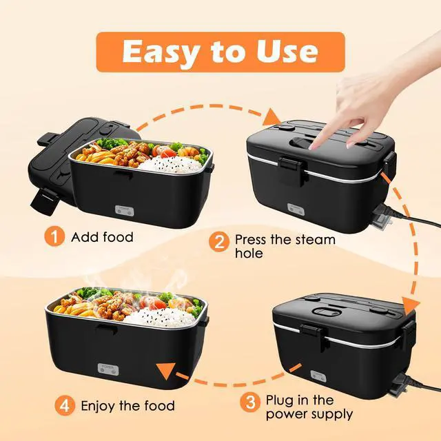 Alt view image 7 of 7 - Electric-Lunch-Box-Heated-Food-Warmer 100W Heating Lunchbox for Adults 1.8L Portable Food Heater for Work/Car, 12V/24V/110-230V Lonchera Eléctrica Portátil with Fork Spoon (Black)