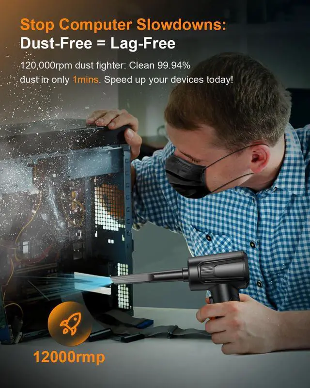 Alt view image 2 of 7 - 11-in-1 Compressed Air Duster-3-Gear Adjustable 120000 RPM Electric Air Duster with LED Light, Reusable no Canned Keyboard Cleaner for Office, 9000mAh Cordless Air Duster for Computer/Car/Home (Black)