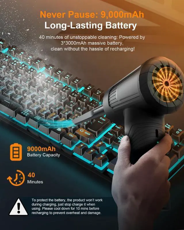 Alt view image 3 of 7 - 11-in-1 Compressed Air Duster-3-Gear Adjustable 120000 RPM Electric Air Duster with LED Light, Reusable no Canned Keyboard Cleaner for Office, 9000mAh Cordless Air Duster for Computer/Car/Home (Black)