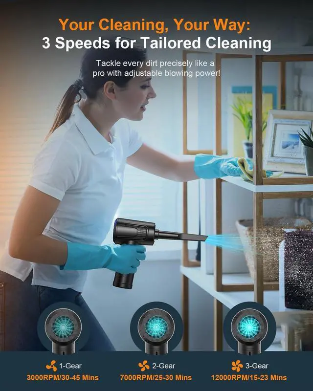 Alt view image 4 of 7 - 11-in-1 Compressed Air Duster-3-Gear Adjustable 120000 RPM Electric Air Duster with LED Light, Reusable no Canned Keyboard Cleaner for Office, 9000mAh Cordless Air Duster for Computer/Car/Home (Black)