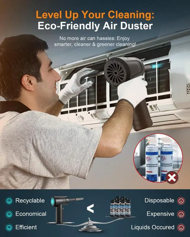 Alt view image 5 of 7 - 11-in-1 Compressed Air Duster-3-Gear Adjustable 120000 RPM Electric Air Duster with LED Light, Reusable no Canned Keyboard Cleaner for Office, 9000mAh Cordless Air Duster for Computer/Car/Home (Black)