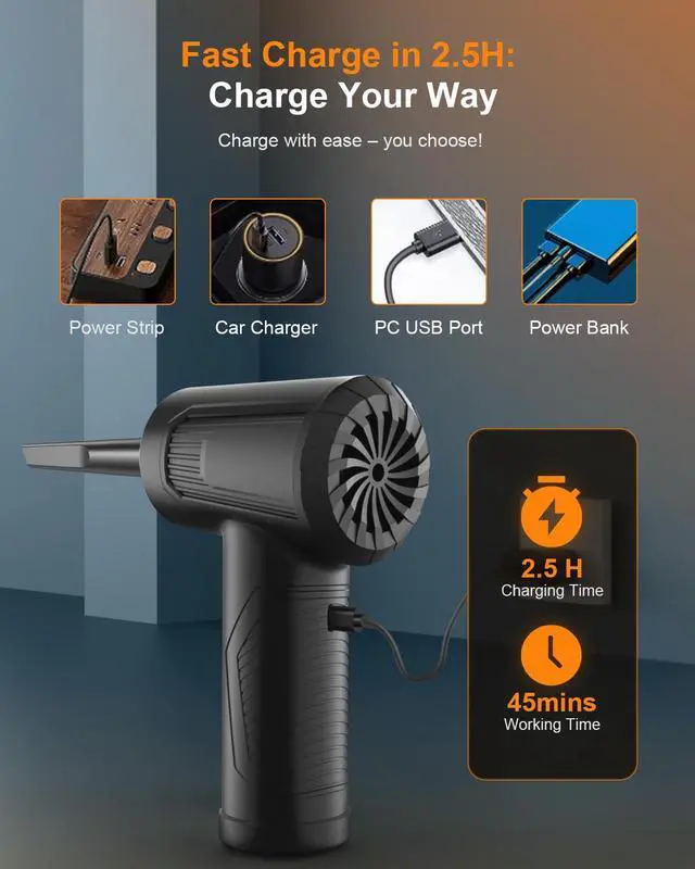 Alt view image 7 of 7 - 11-in-1 Compressed Air Duster-3-Gear Adjustable 120000 RPM Electric Air Duster with LED Light, Reusable no Canned Keyboard Cleaner for Office, 9000mAh Cordless Air Duster for Computer/Car/Home (Black)