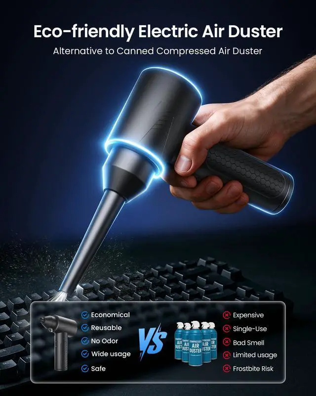 Alt view image 3 of 7 - Electric Air Duster 150000RPM Powerful Compressed Air Duster with LED Light, 3 Gears, 7500mAh Battery & Fast Charging, Rechargeable Air Blower for Computer, Keyboard, PC, Car, House & Outdoor