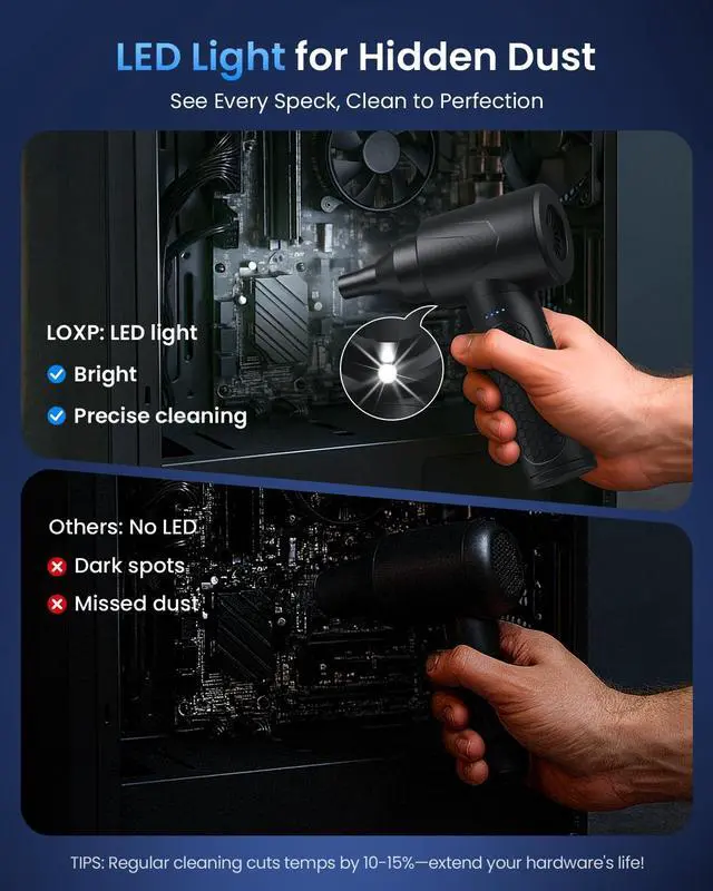 Alt view image 4 of 7 - Electric Air Duster 150000RPM Powerful Compressed Air Duster with LED Light, 3 Gears, 7500mAh Battery & Fast Charging, Rechargeable Air Blower for Computer, Keyboard, PC, Car, House & Outdoor