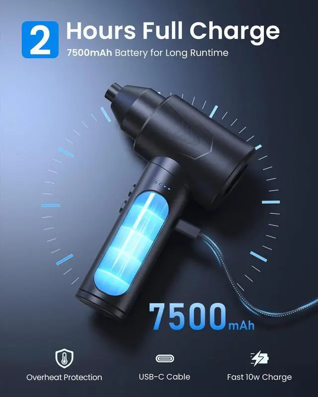 Alt view image 6 of 7 - Electric Air Duster 150000RPM Powerful Compressed Air Duster with LED Light, 3 Gears, 7500mAh Battery & Fast Charging, Rechargeable Air Blower for Computer, Keyboard, PC, Car, House & Outdoor