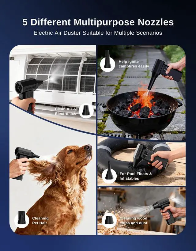 Alt view image 2 of 7 - Compressed Air Duster - Rechargeable Electric Air Blower for Keyboard,Camera,PC Vents,Car Interiors & Home,Outdoor Dusting - 280,000 RPM,5 Nozzles,4 Speeds,Fast Charging