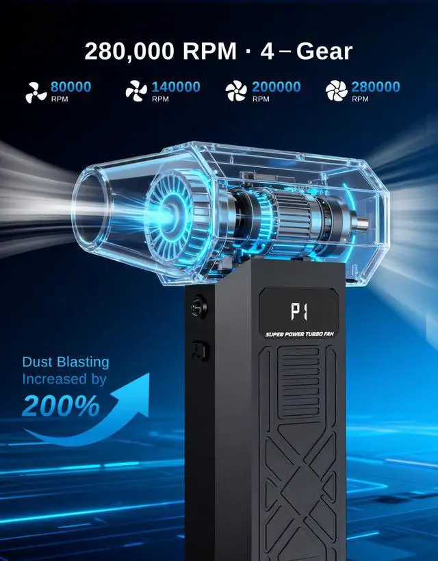 Alt view image 4 of 7 - Compressed Air Duster - Rechargeable Electric Air Blower for Keyboard,Camera,PC Vents,Car Interiors & Home,Outdoor Dusting - 280,000 RPM,5 Nozzles,4 Speeds,Fast Charging