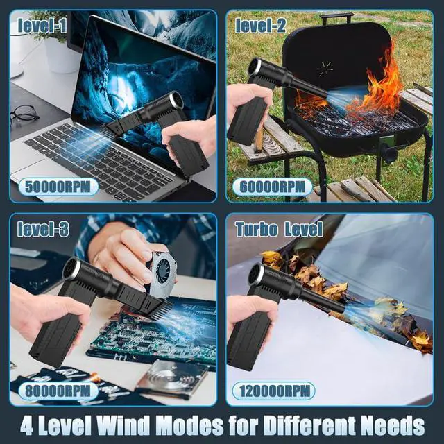 Alt view image 5 of 7 - Cordless Electric Air Duster: 120,000 RPM High-Speed 4-Speed Adjustable Blower, Rechargeable Battery-Powered Dust Cleaner for PC Keyboards, Electronics, Cars & Outdoor Use (Black)