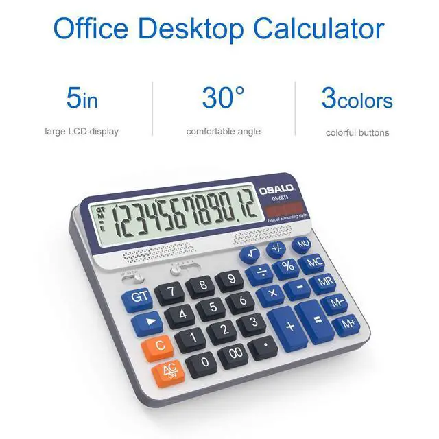 Alt view image 2 of 7 - Desktop Calculator Extra Large 5-Inch LCD Display 12-Digit Big Number Accounting Calculator with Giant Response Button, Battery & Solar Powered, Perfect for Office Business Home Daily Use(OS-6815)