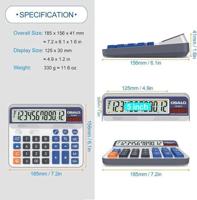Alt view image 4 of 7 - Desktop Calculator Extra Large 5-Inch LCD Display 12-Digit Big Number Accounting Calculator with Giant Response Button, Battery & Solar Powered, Perfect for Office Business Home Daily Use(OS-6815)