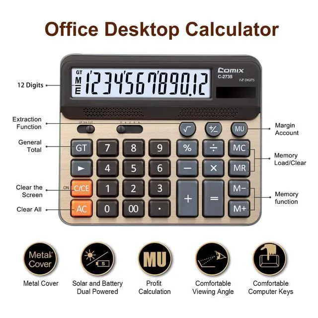 Alt view image 2 of 7 - Desktop Calculator, Large Computer Keys, 12 Digits Display, Champaign Gold Color Panel, C-2735