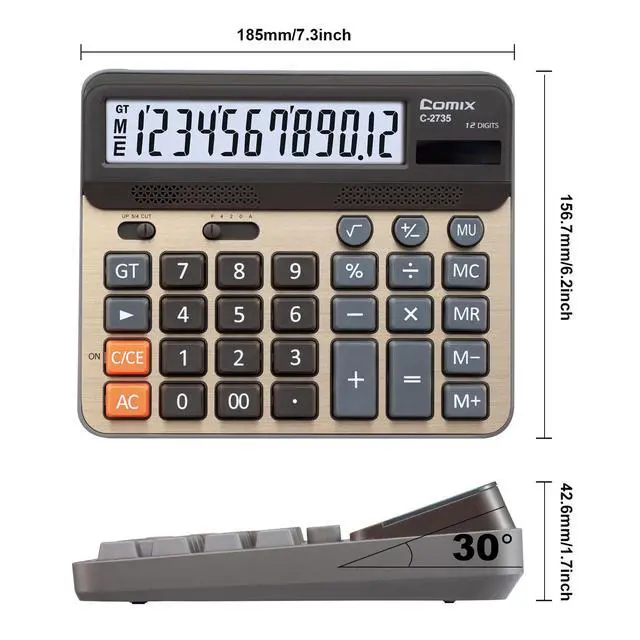 Alt view image 3 of 7 - Desktop Calculator, Large Computer Keys, 12 Digits Display, Champaign Gold Color Panel, C-2735