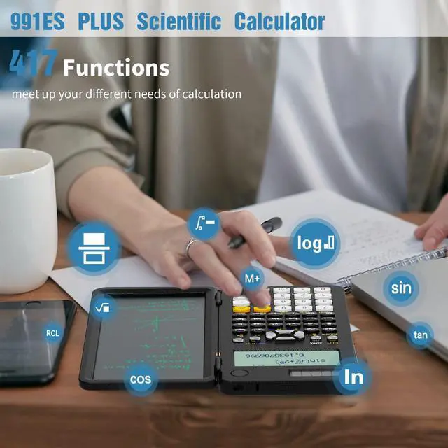 Alt view image 2 of 6 - Scientific Calculators for Students 991ES Office Calculators Desktop, ROATEE 4-Line Display Calculator with Erasable LCD Writing Tablet, Solar Battery Power with Notepad Calculator School Supplies