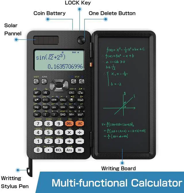 Alt view image 4 of 6 - Scientific Calculators for Students 991ES Office Calculators Desktop, ROATEE 4-Line Display Calculator with Erasable LCD Writing Tablet, Solar Battery Power with Notepad Calculator School Supplies