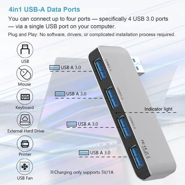 Alt view image 3 of 7 - USB 3.0 Hub, 4 Ports USB A Splitter Ultra-Slim USB Expander for Mouse, Keyboard, Flash Drive, U Disk, Printer Compatible with Macbooks, Laptop, Desktop PCR