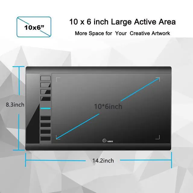Alt view image 2 of 7 - Graphics Drawing Tablet, M708 10 x 6 inch Large Drawing Tablet with 8 Hot Keys, Passive Stylus of 16384 Levels Pressure, UGEE M708 Graphics Tablet for Paint, Design, Art Creation Sketch