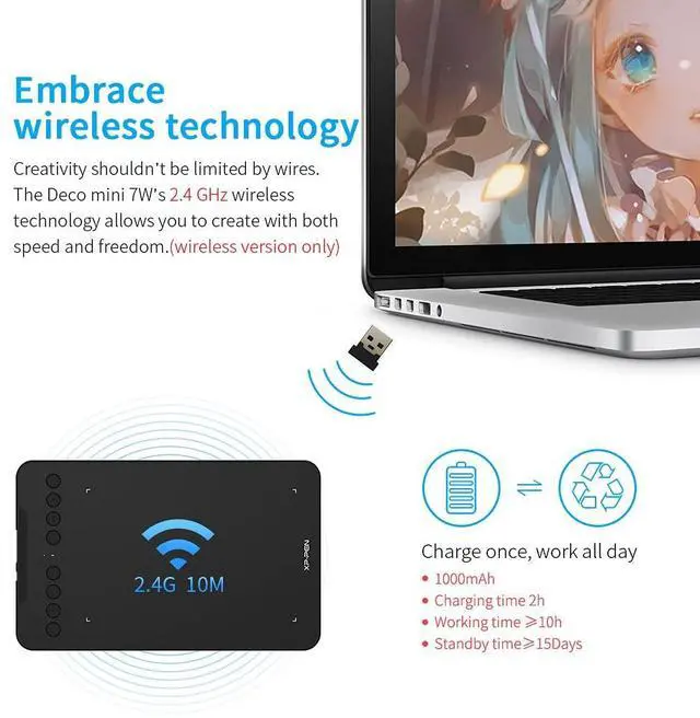 Alt view image 2 of 7 - Wireless Drawing Tablet Deco mini7W Graphic Tablet Pen Tablet with 8192 Levels Pressure, 7 x 4 inch Artist Tablet for Online Teaching/E-Learning Compatible with Window/Mac/Android/Chrome/Linux